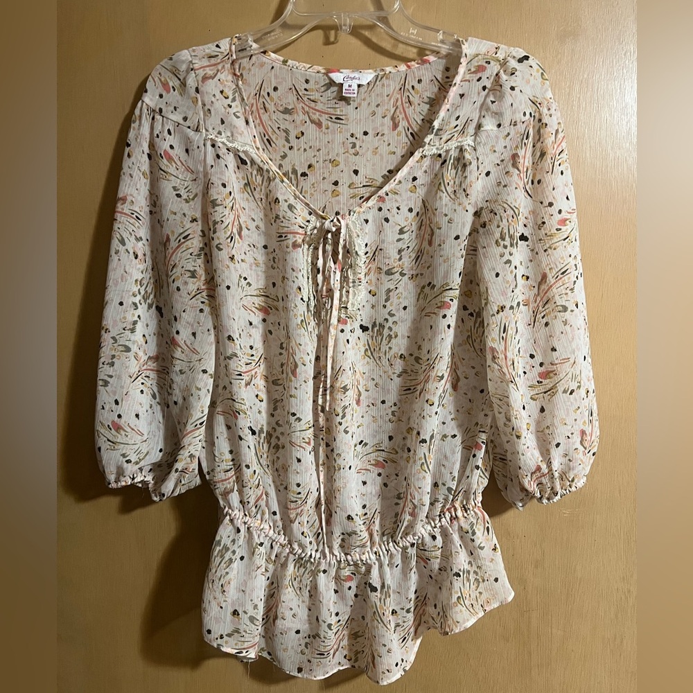 Candie’s Sheer Floral Peplum Blouse